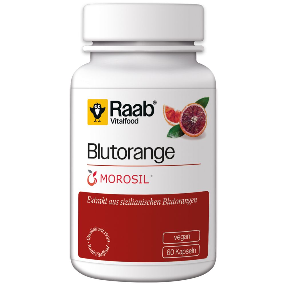 Weiße Flasche mit Raab Vitalfood Blutorange Morosil Kapseln. Rote Schrift, Blutorangen-Abbildung.