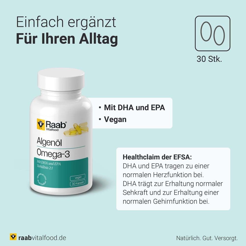 Flasche mit Kapseln. Text: Mit DHA und EPA, Vegan. Healthclaim der EFSA.