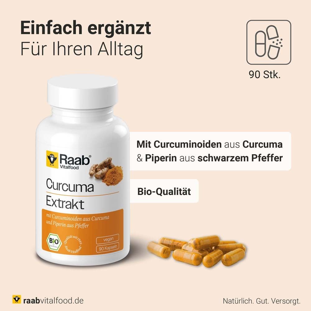 Flasche mit Kapseln. Aufschrift: Curcuma Extrakt, Raab Vitalfood. Bio-Siegel, 90 Kapseln. Daneben Kapseln.