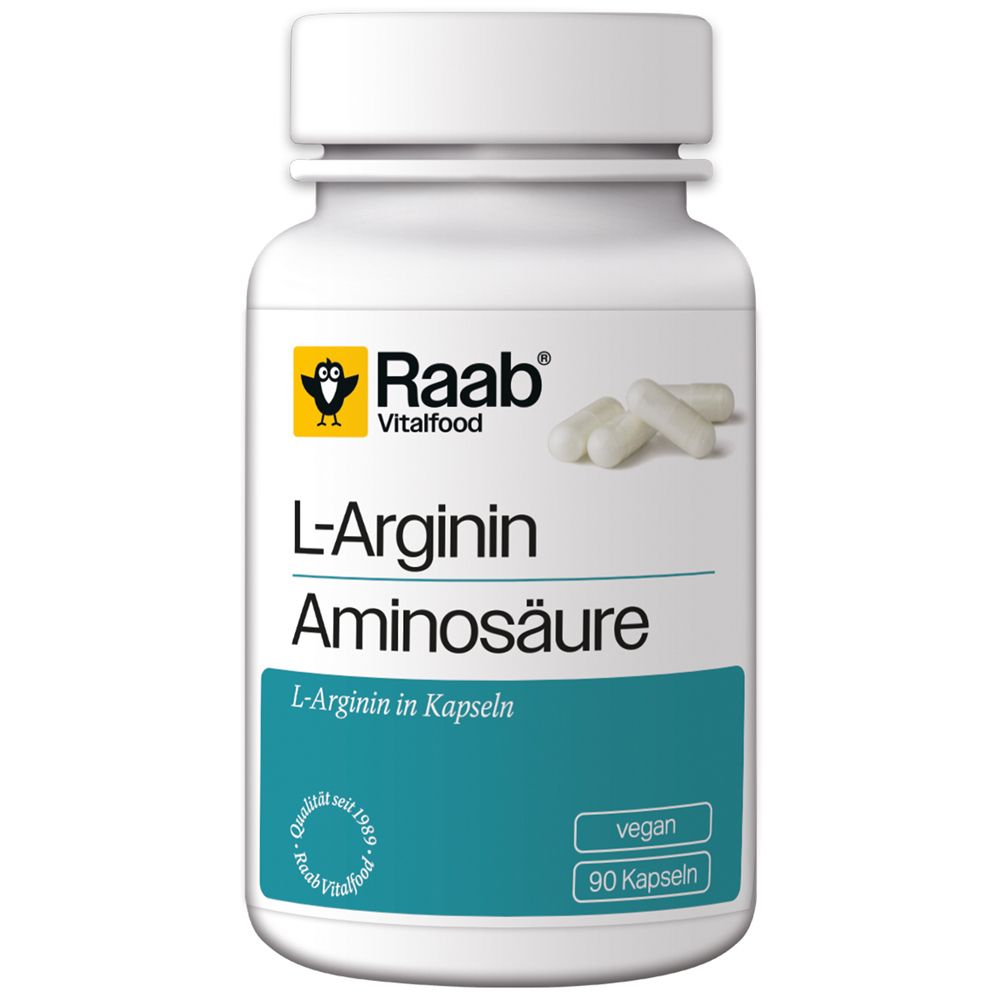 Weiße Flasche mit Raab Vitalfood L-Arginin Kapseln. Aufschrift: L-Arginin Aminosäure, 90 Kapseln, vegan.
