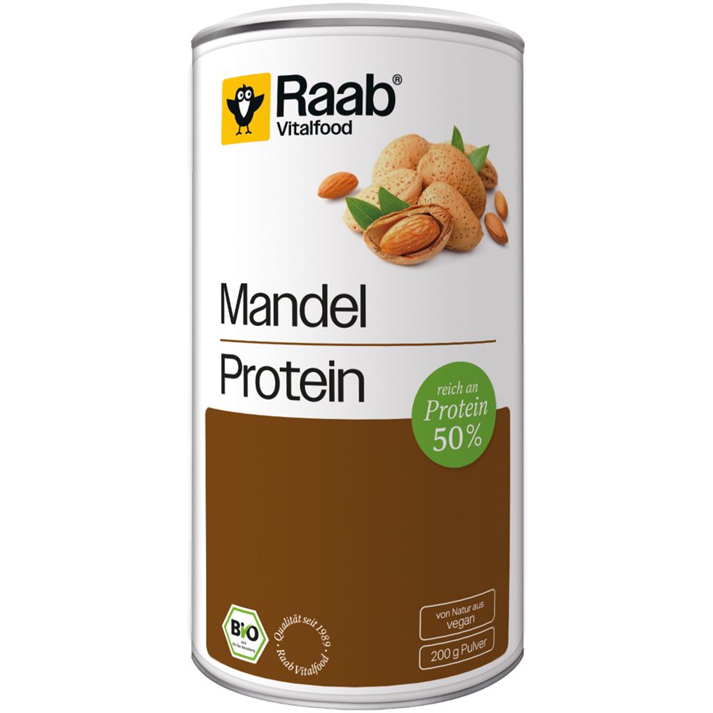 Zylinderdose mit "Raab Vitalfood" und "Mandel Protein". Abbildung von Mandeln. Grün: "reich an Protein 50%".