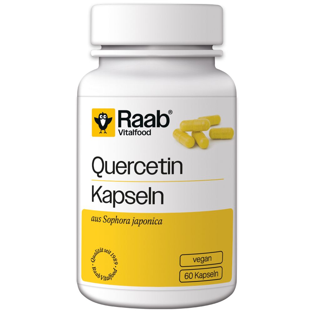 Weiße Flasche mit gelben Kapseln. Aufschrift: Quercetin Kapseln, Raab Vitalfood. 60 Kapseln, vegan.