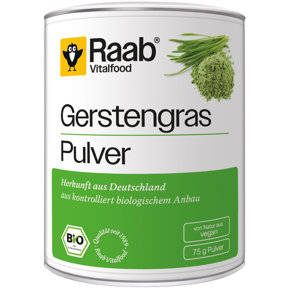 Weißes Dose mit Gerstengras Pulver. Logo Raab Vitalfood. Grün-weiße Etikett. Bio-Siegel. 75g Pulver.