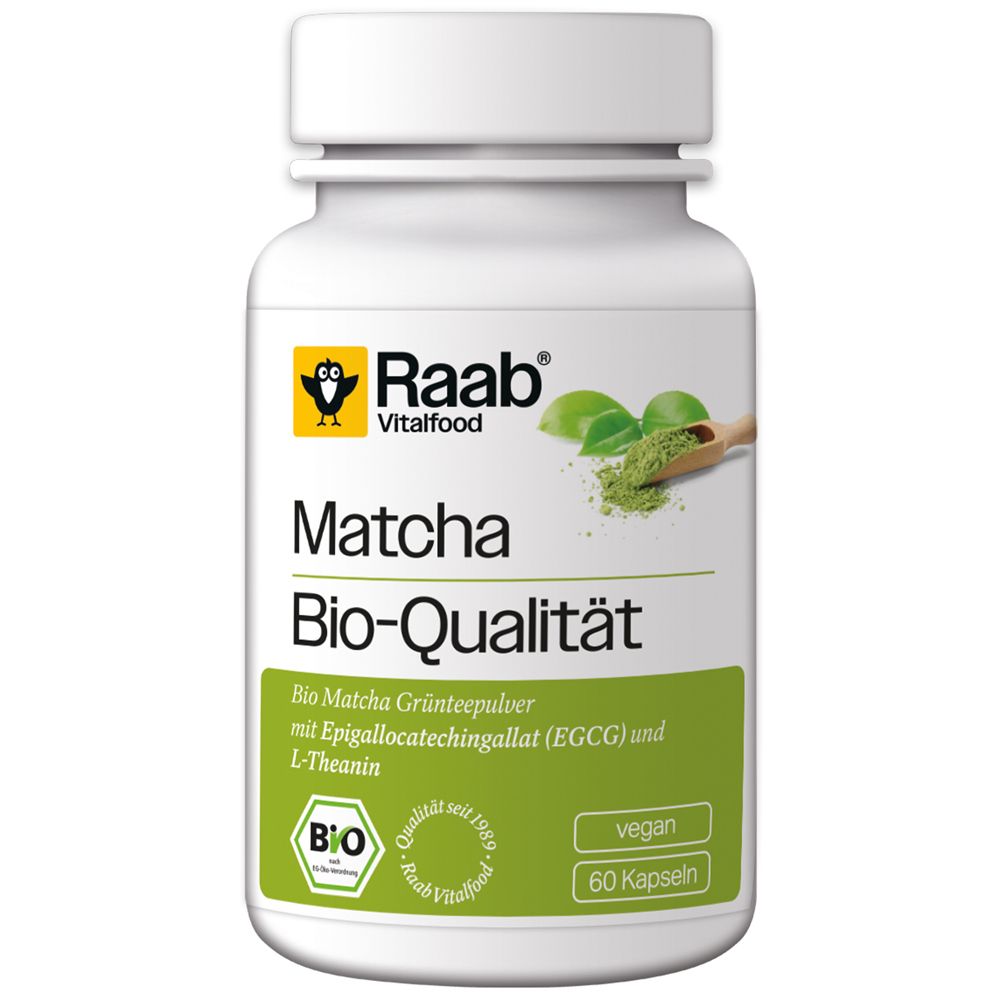 Weiße Flasche mit Kapseln. Aufschrift: Matcha Bio-Qualität, Raab Vitalfood. Mit Bio-Siegel und 60 Kapseln.