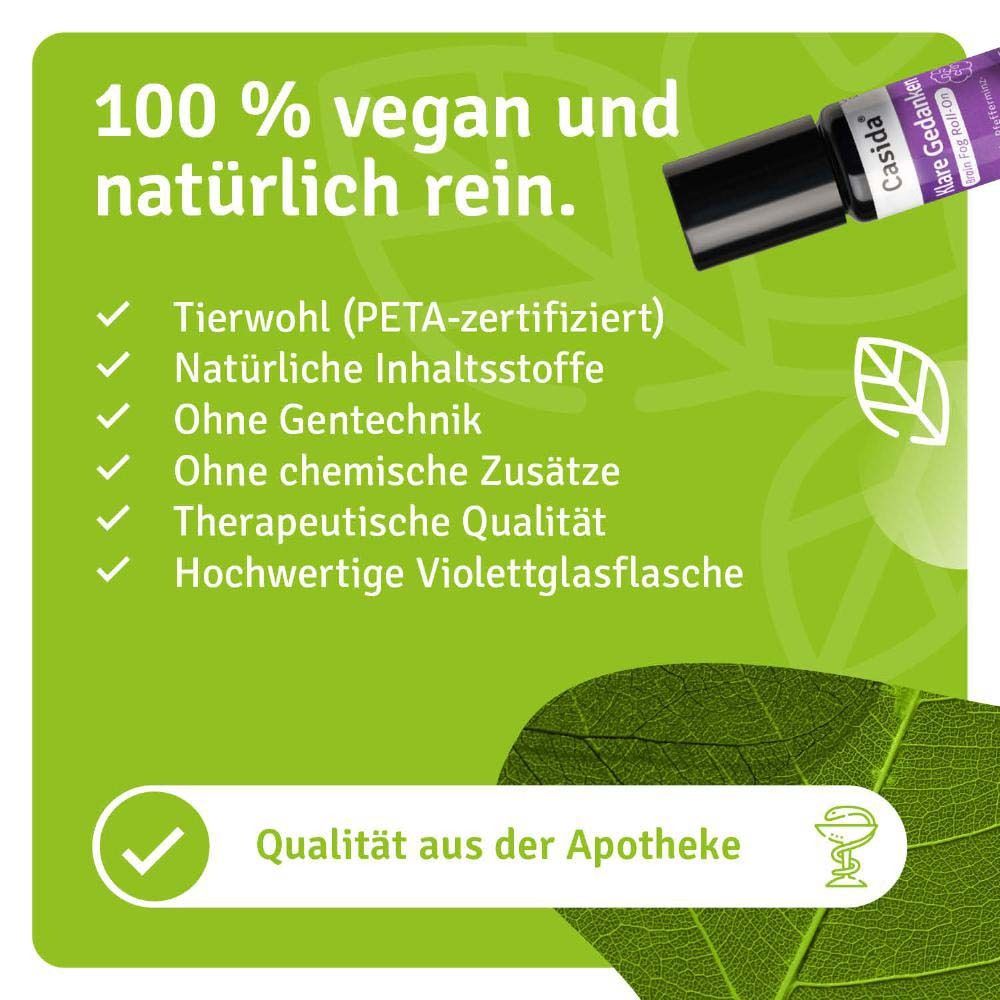 Roll-On-Flasche mit Text: Casida, Klare Gedanken, Brain Fog Roll-On. Vegan, tierwohl, ohne Gentechnik, ohne Zusätze.