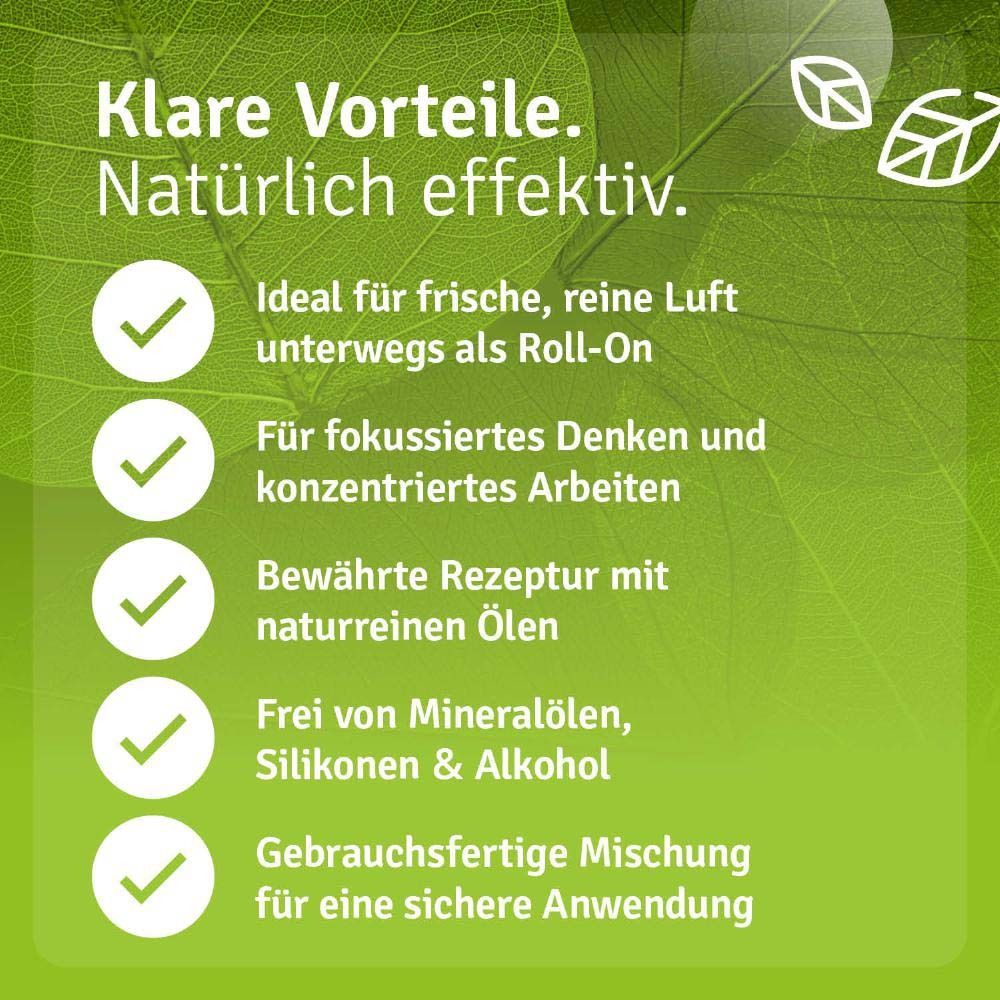Roll-On-Flasche mit Vorteilen: Für frische Luft, fokussiertes Denken, bewährte Rezeptur, frei von Mineralölen.
