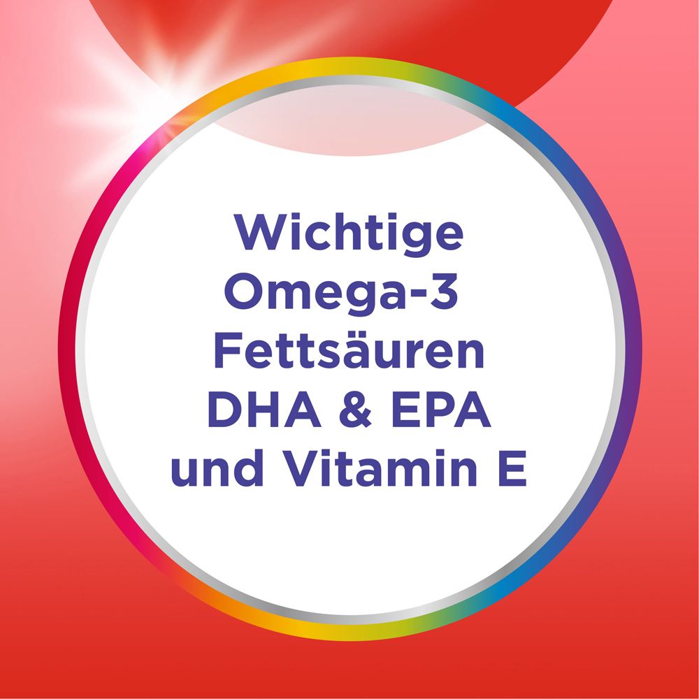 Kreis mit Text: Wichtige Omega-3 Fettsäuren DHA & EPA und Vitamin E. Roter Hintergrund.