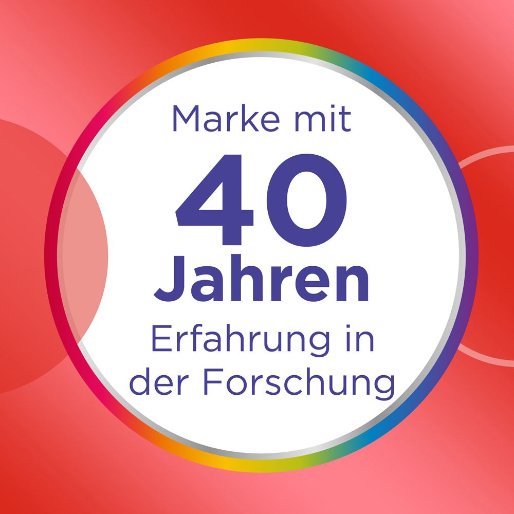 Kreis mit Text: Marke mit 40 Jahren Erfahrung in der Forschung. Roter Hintergrund.
