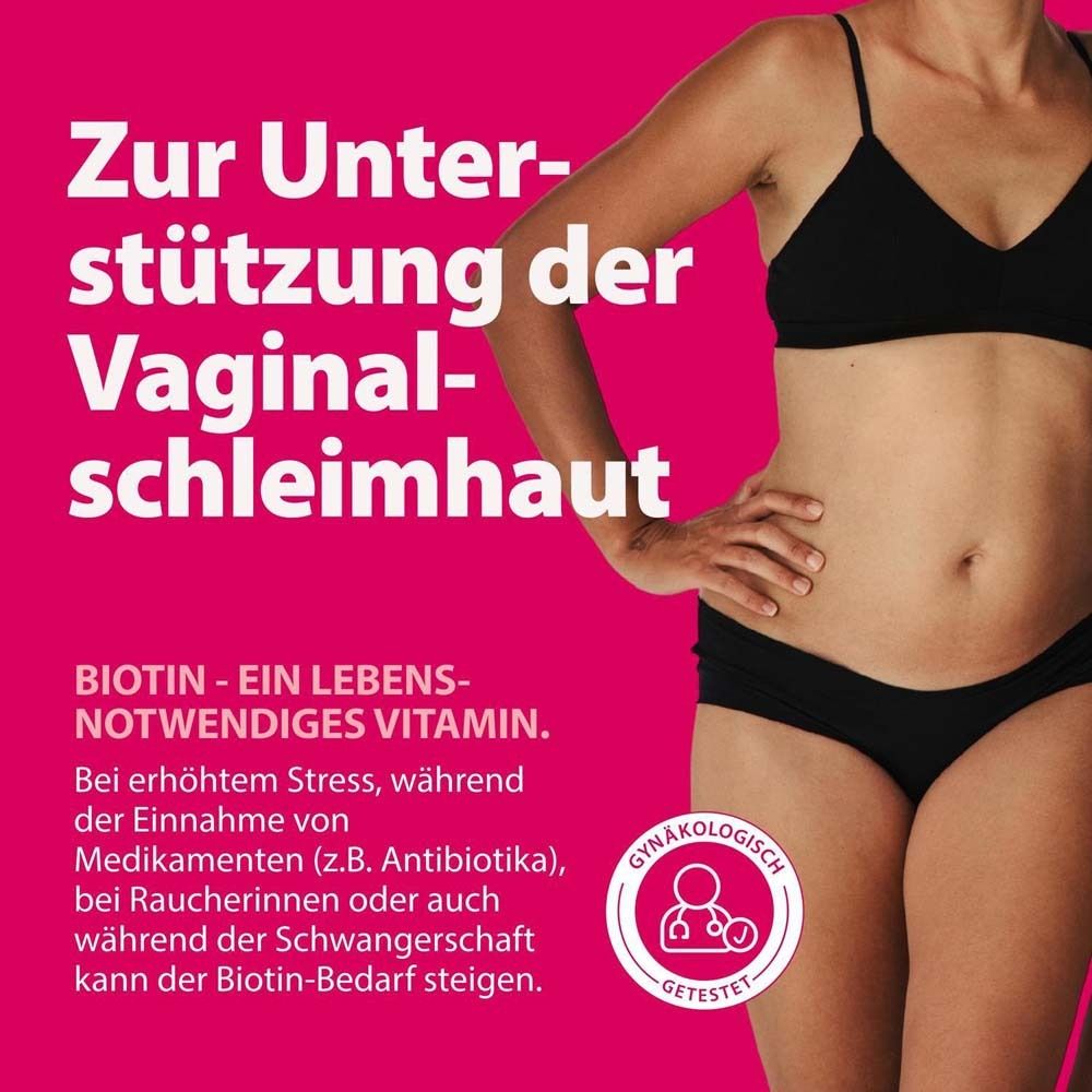 Frau in Unterwäsche. Text: Biotin, ein lebensnotwendiges Vitamin. Zur Unterstützung der Vaginalschleimhaut.