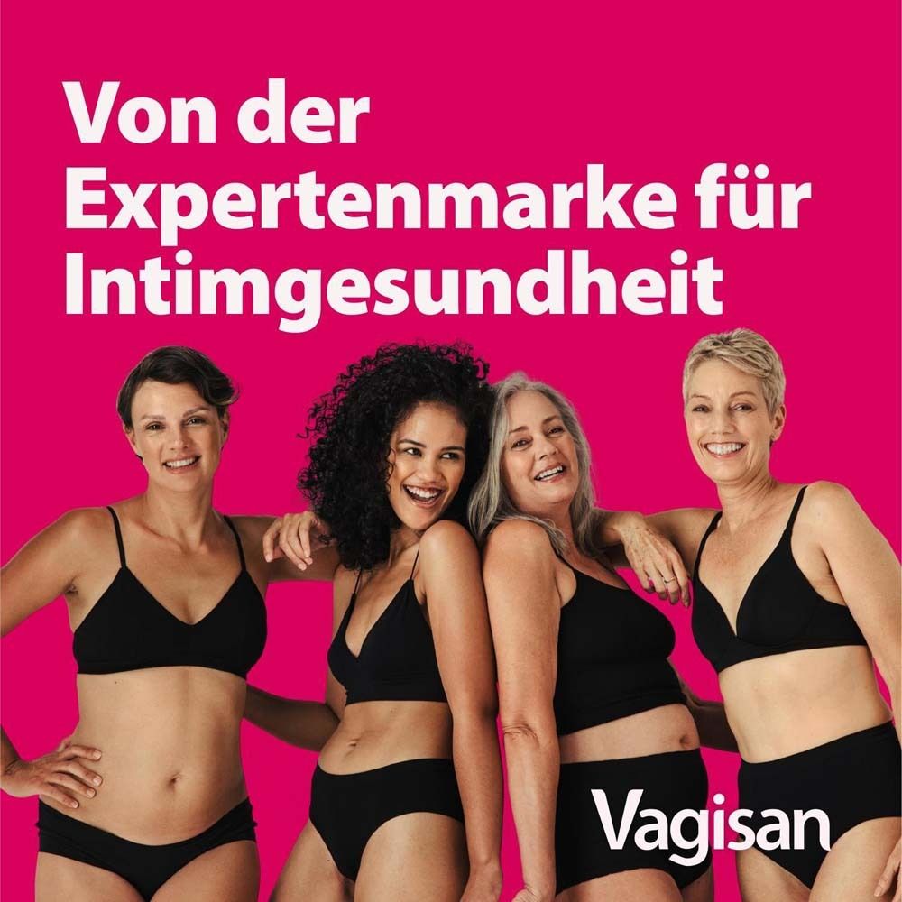Vier Frauen in Unterwäsche. Text: Von der Expertenmarke für Intimgesundheit. Vagisan.
