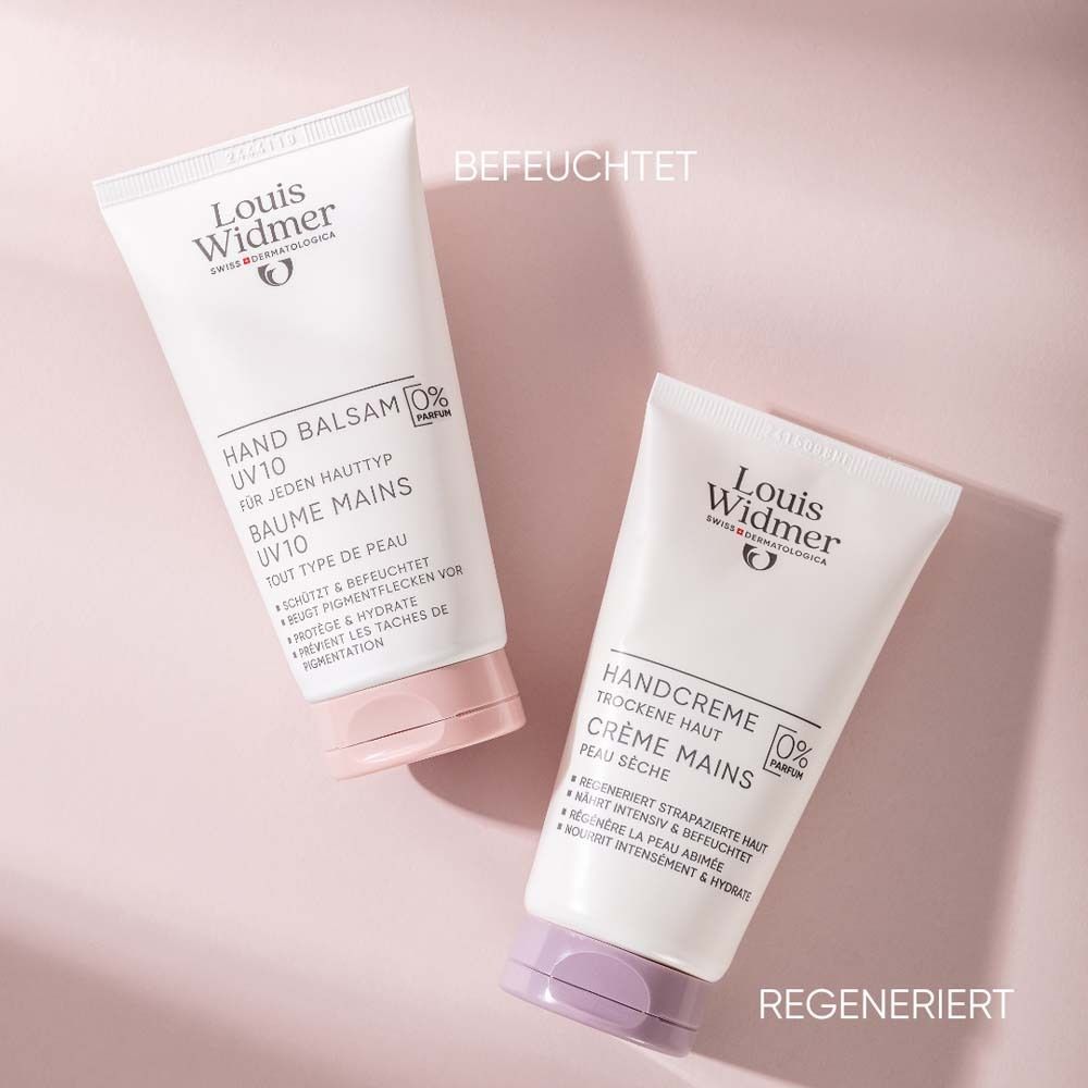 Zwei Tuben: Louis Widmer Handbalsam UV10 und Handcreme. Rosa Hintergrund. Aufschrift: 0% Parfum.