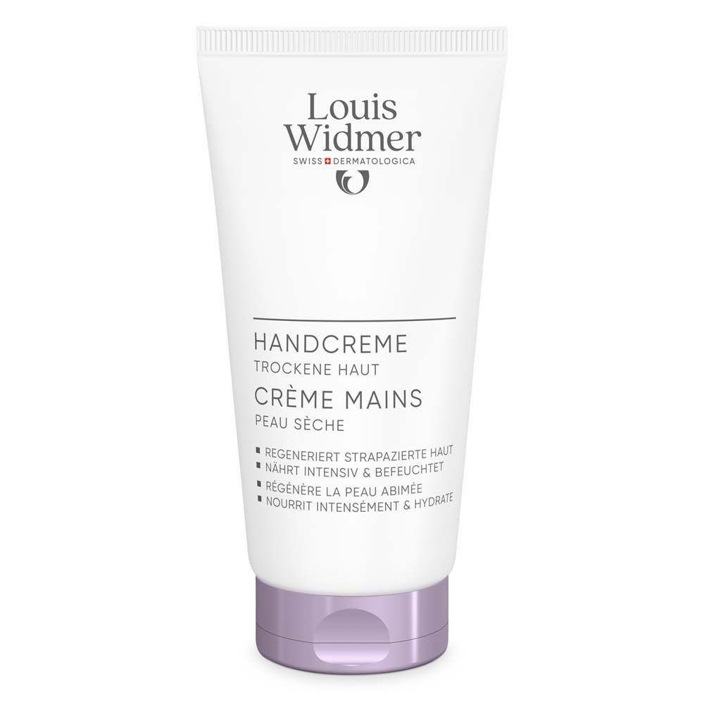 Weisse Tube Louis Widmer Handcreme für trockene Haut. Produktname und Logo oben. Text: Handcreme, Crème Mains, Peau Sèche. Lila Verschluss.