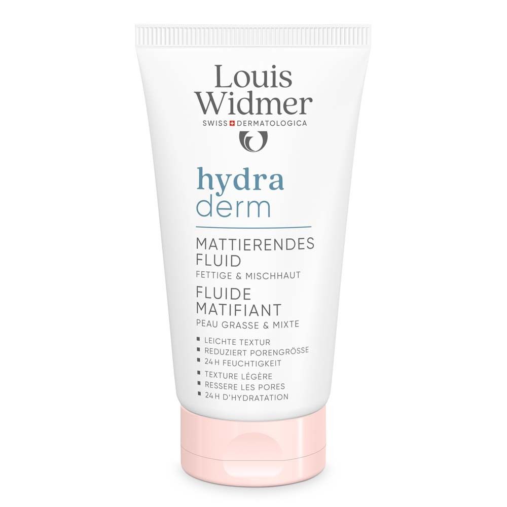 Weiße Tube mit rosa Deckel. Aufschrift: Louis Widmer, hydra derm, mattierendes Fluid für fettige & Mischhaut. Schweizer Kreuz.