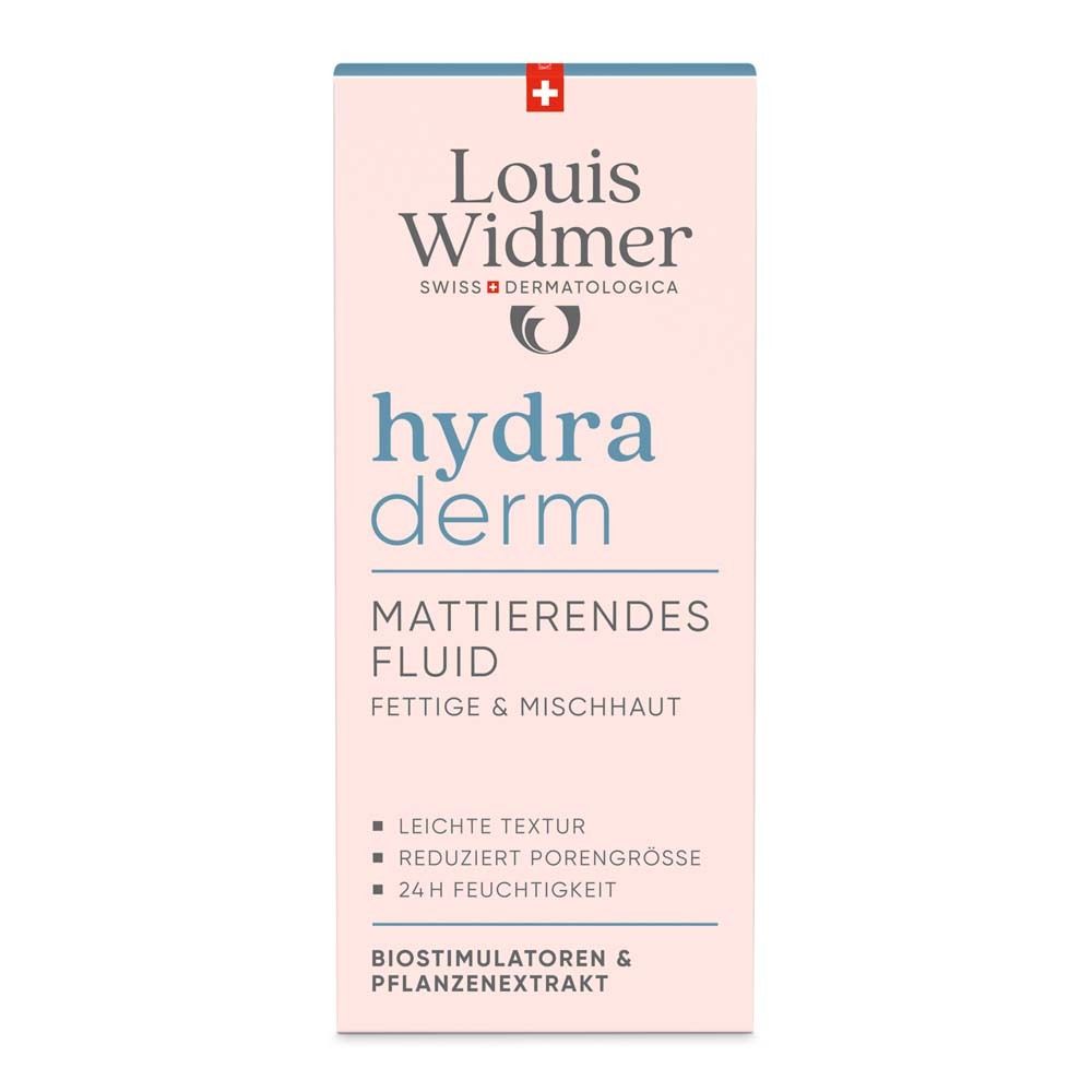 Rosa Schachtel mit Aufschrift: Louis Widmer, hydra derm, mattierendes Fluid für fettige & Mischhaut. Schweizer Kreuz.