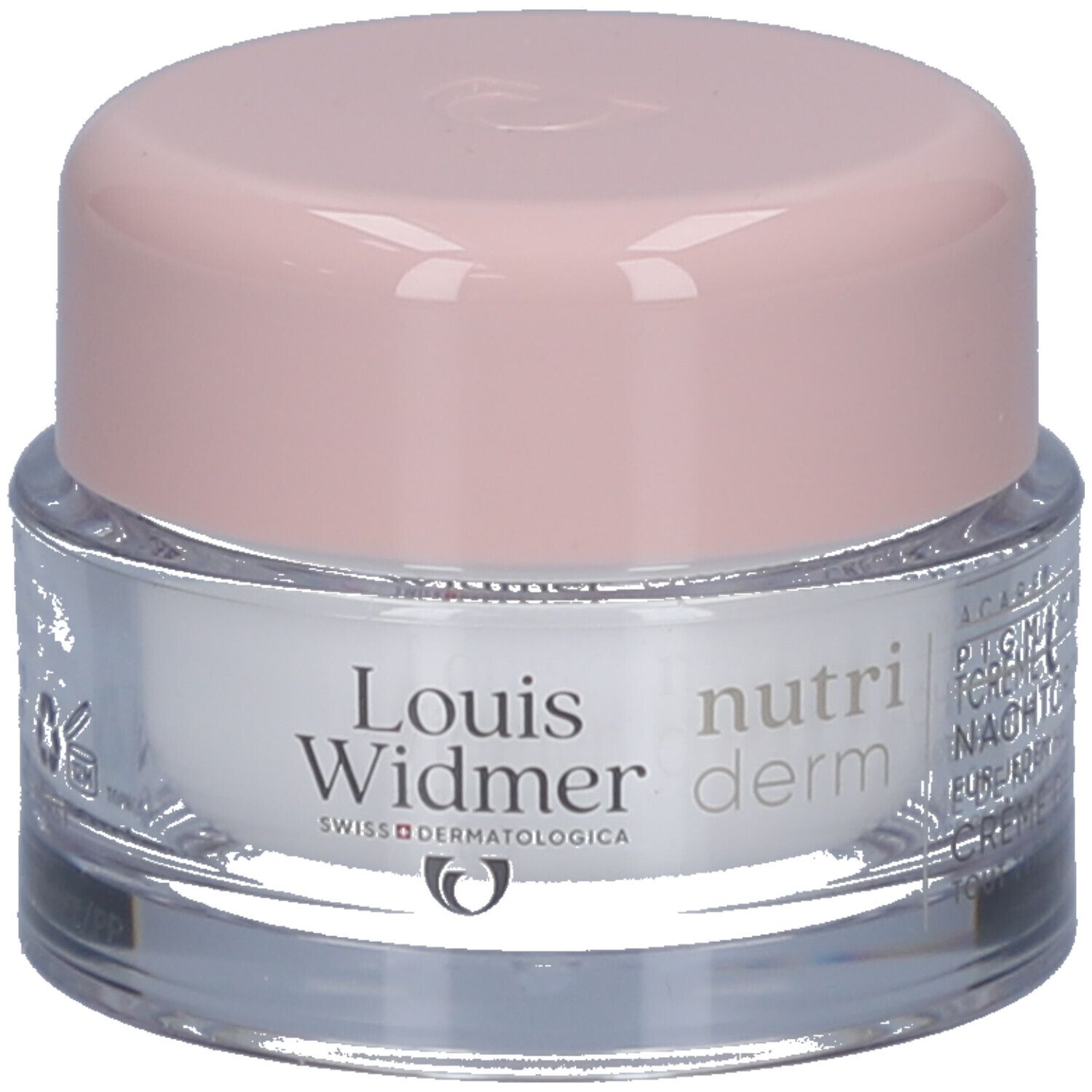 Creme-Tiegel mit rosa Deckel. Auf dem Tiegel steht "Louis Widmer nutriderm".