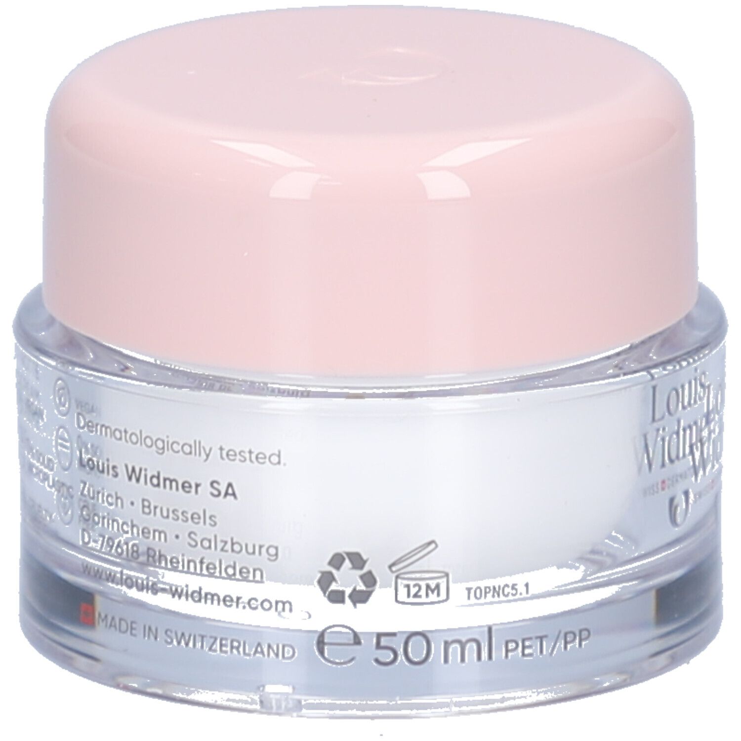 Creme-Tiegel mit rosa Deckel. Auf dem Tiegel steht "Louis Widmer" und "50 ml".