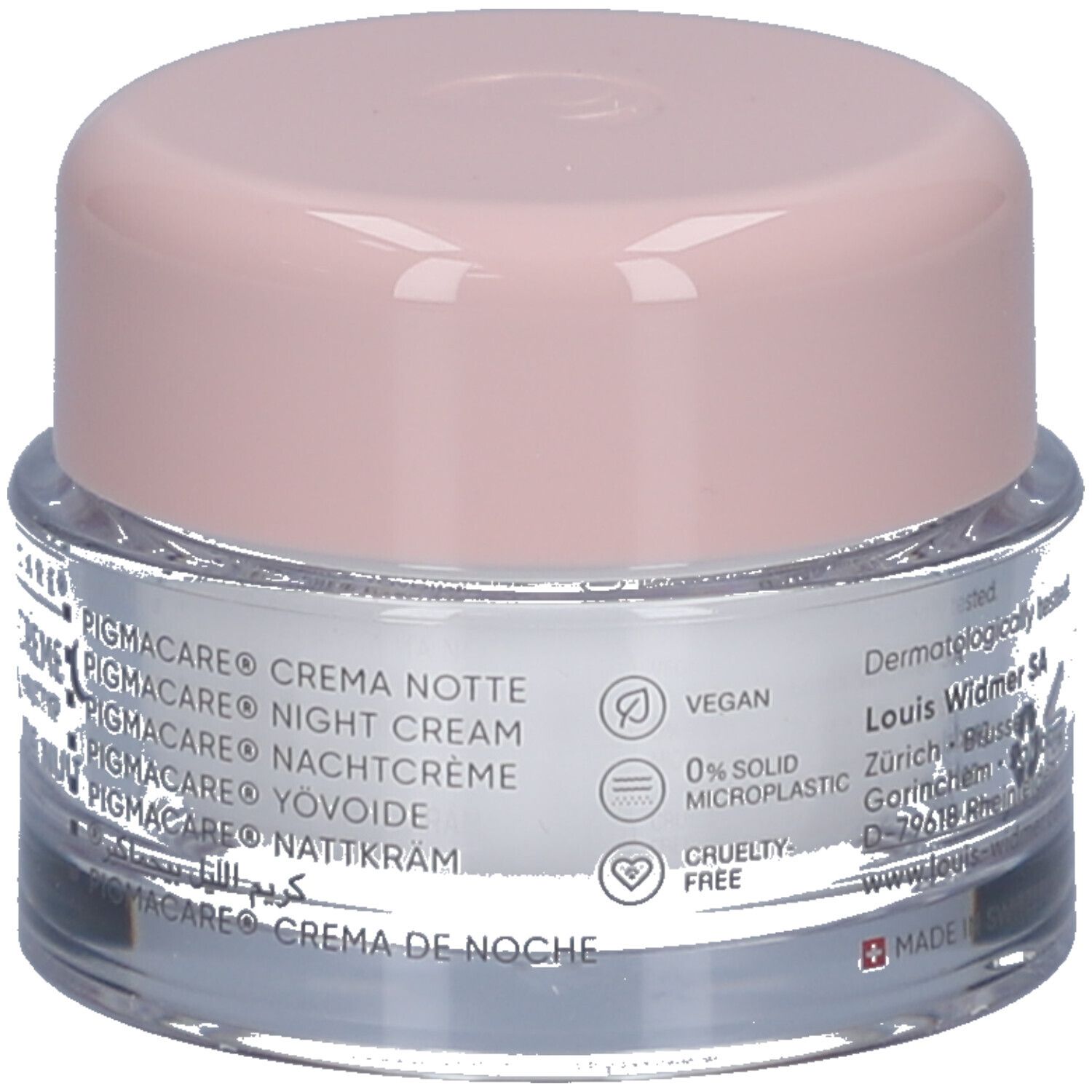 Creme-Tiegel mit rosa Deckel. Auf dem Tiegel steht "PIGMACARE® CREMA NOTTE" und Logos.