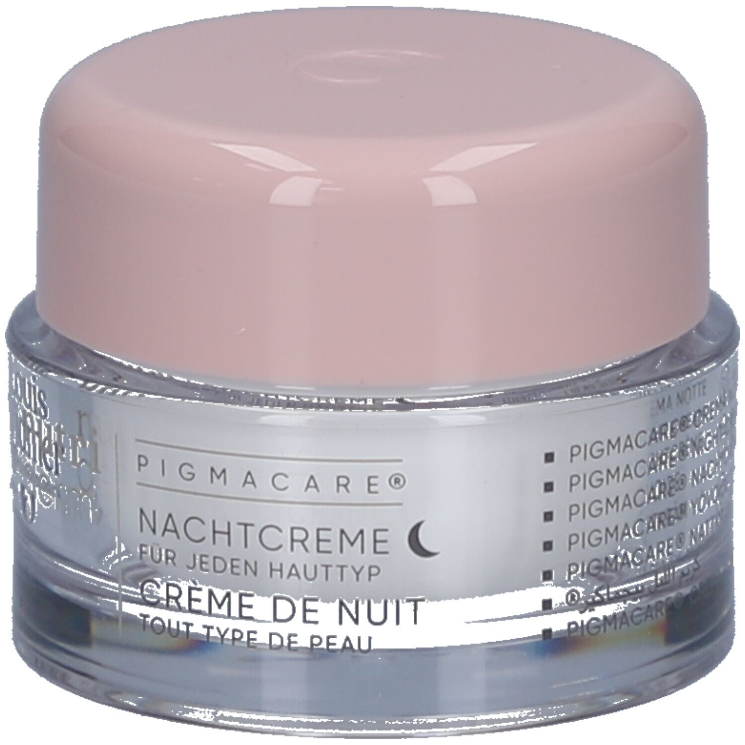 Creme-Tiegel mit rosa Deckel. Auf dem Tiegel steht "PIGMACARE® NACHTCREME" und "CRÈME DE NUIT".