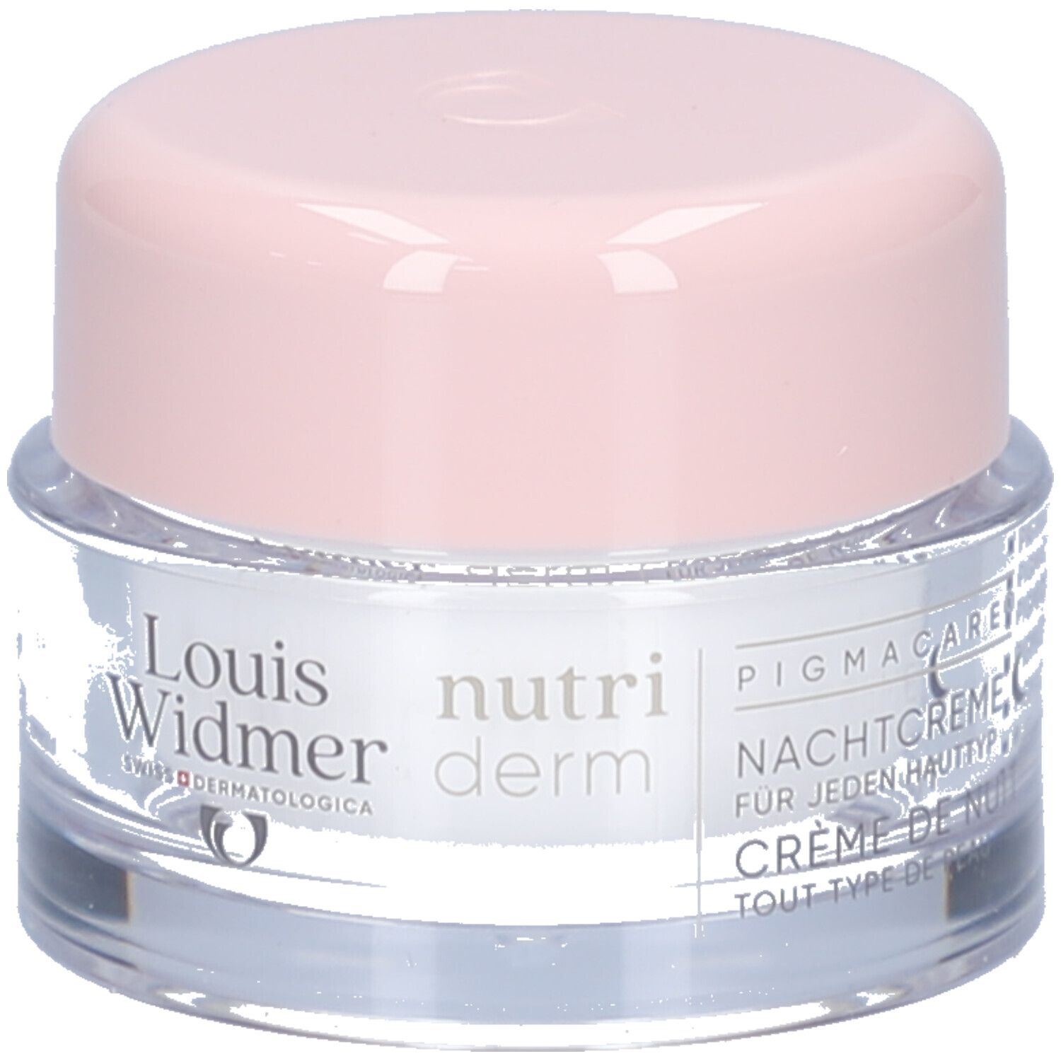 Creme-Tiegel mit rosa Deckel. Auf dem Tiegel steht "Louis Widmer nutriderm" und "NACHTCREME".