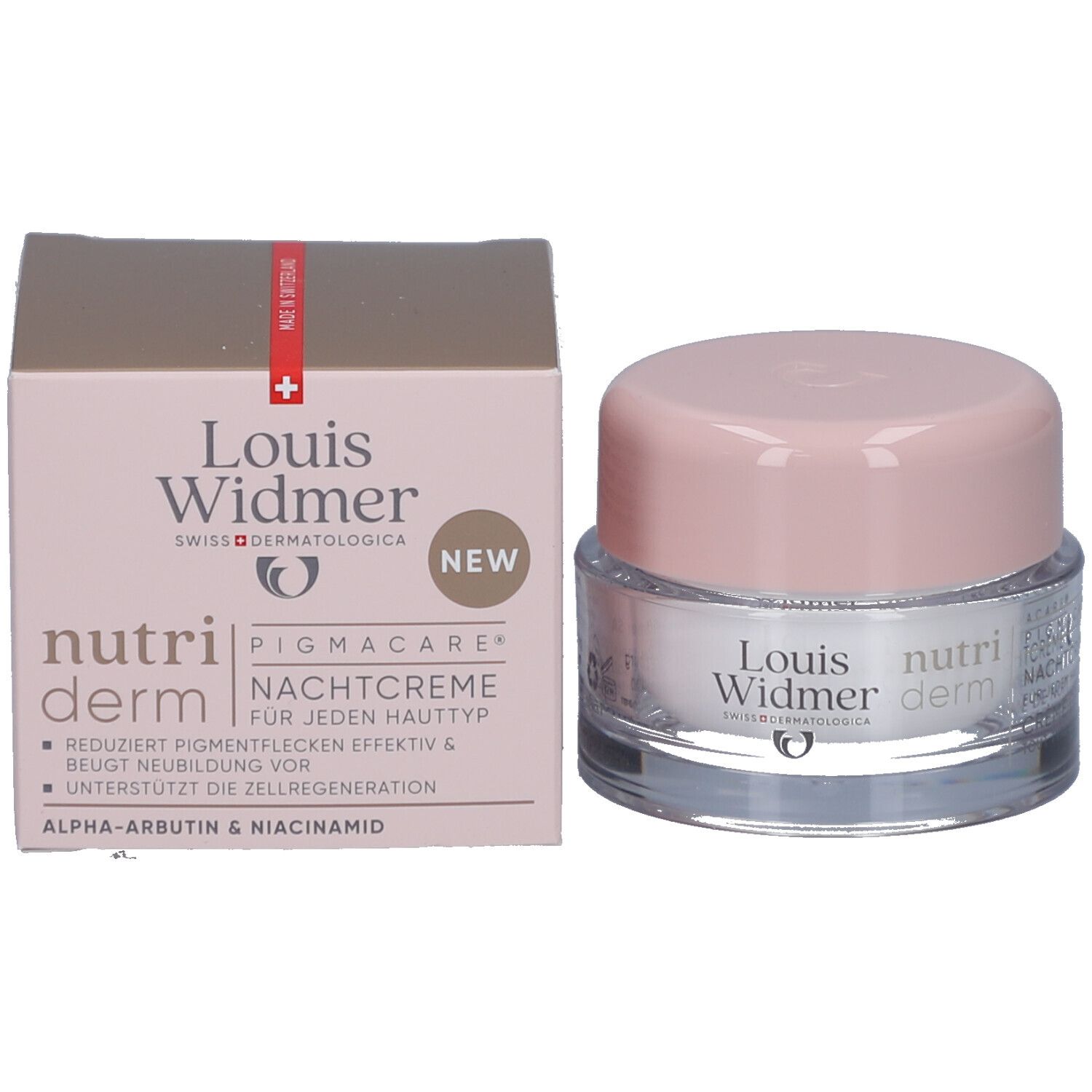 Creme-Tiegel mit rosa Deckel und Karton. Auf dem Karton steht "Louis Widmer nutriderm".