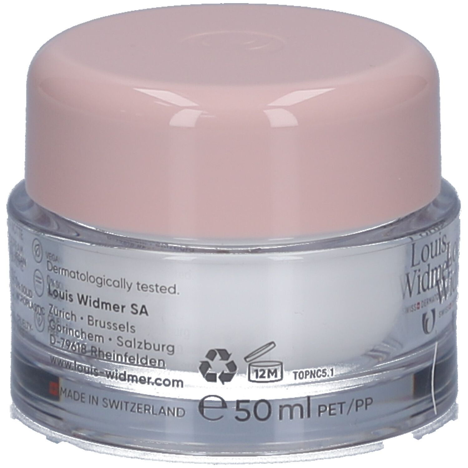 Creme-Tiegel mit rosa Deckel. Aufschrift: Louis Widmer, nutriderm. 50 ml. Made in Switzerland. Recycling-Symbol.