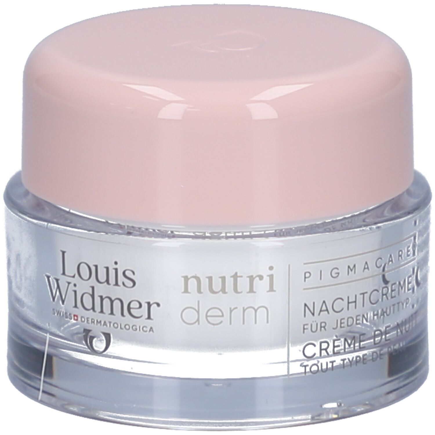 Creme-Tiegel mit rosa Deckel. Aufschrift: Louis Widmer, nutriderm, Nachtcreme, für jeden Hauttyp, Crème de nuit.