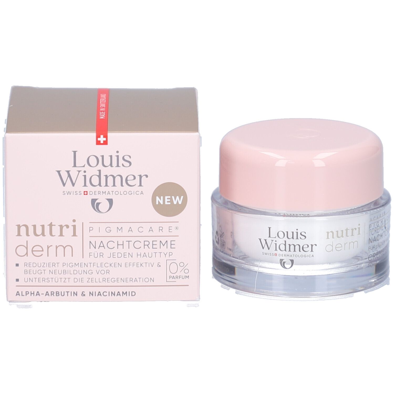 Creme-Tiegel und Karton. Aufschrift: Louis Widmer, nutriderm, PIGMACARE, Nachtcreme. Neu. 0% Parfum.