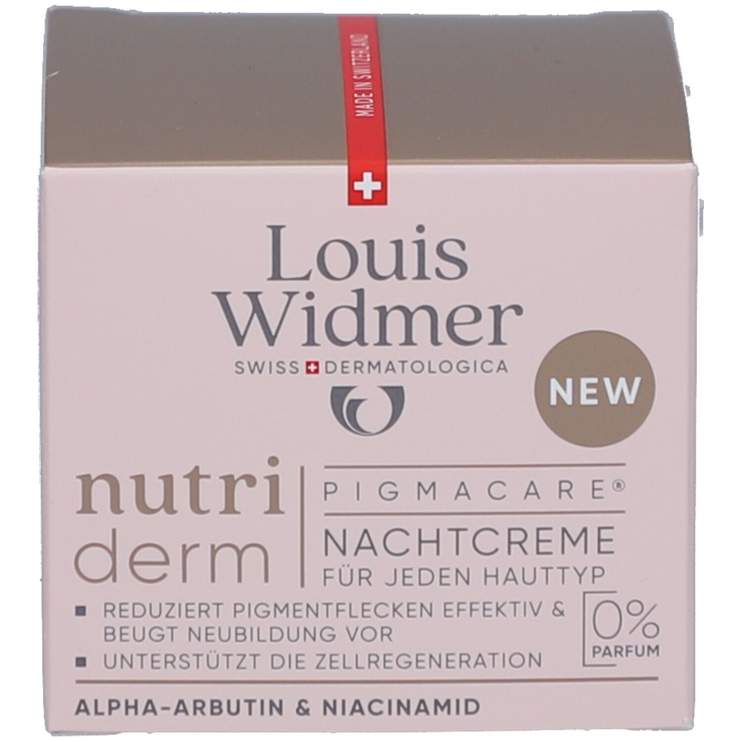Karton mit Aufschrift: Louis Widmer, nutriderm, PIGMACARE, Nachtcreme. Neu. 0% Parfum. Schweizer Kreuz.