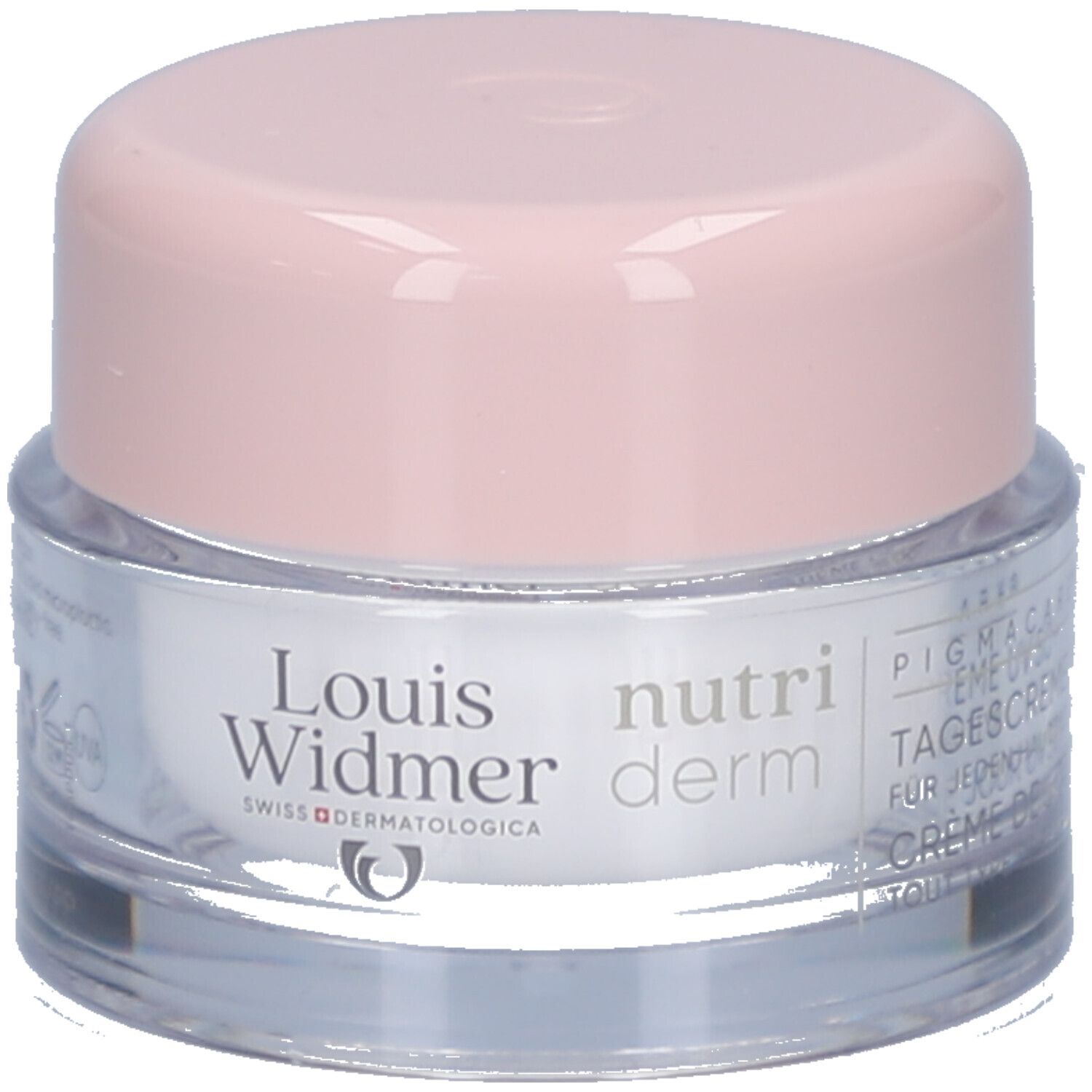 Creme-Tiegel mit rosa Deckel. Aufschrift: Louis Widmer, nutriderm, Pigmacare Tagescreme UV 50+. Schweizer dermatologische Marke.