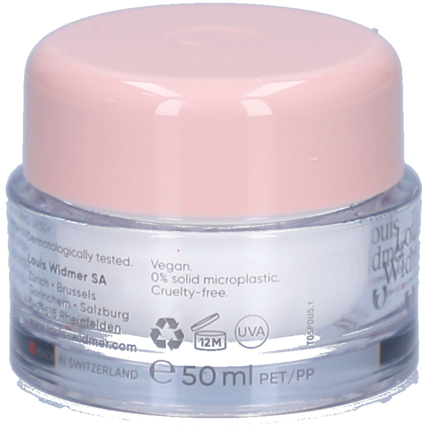 Creme-Tiegel mit rosa Deckel. Aufschrift: Louis Widmer, nutriderm. Vegan, 0% Mikroplastik, Cruelty-free. 50 ml.