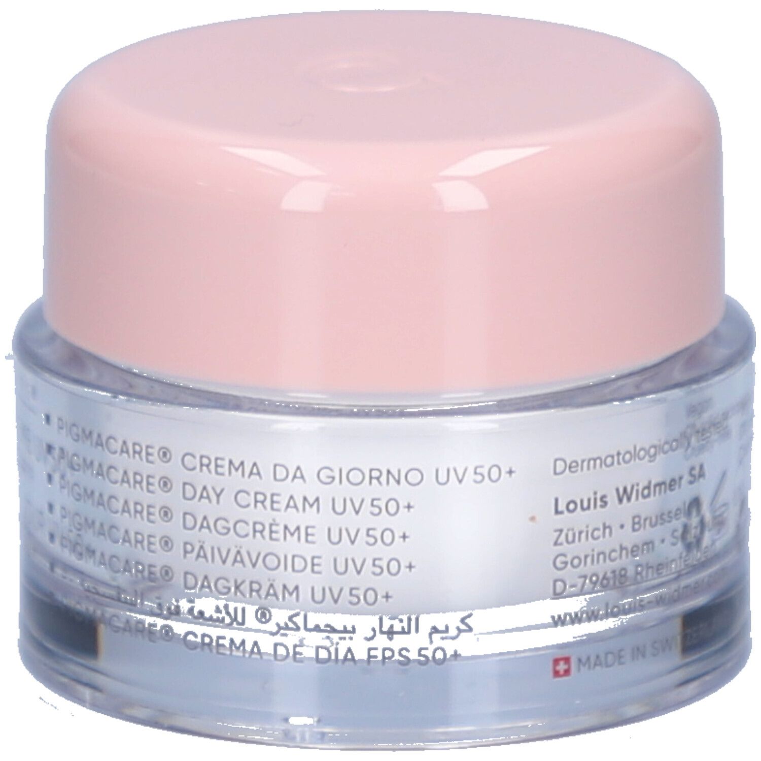 Creme-Tiegel mit rosa Deckel. Aufschrift: Pigmacare, Tagescreme UV 50+. Mehrsprachige Produktbezeichnungen. Dermatologisch getestet.