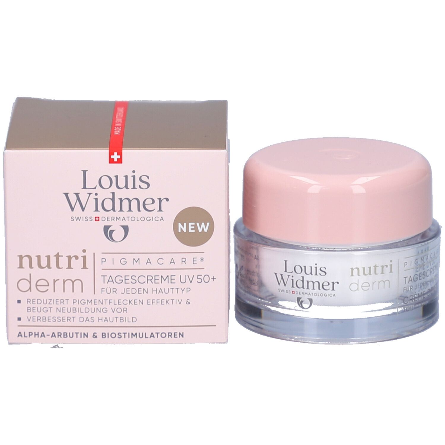 Produktverpackung und Creme-Tiegel. Aufschrift: Louis Widmer, nutriderm, Pigmacare Tagescreme UV 50+. Reduziert Pigmentflecken.