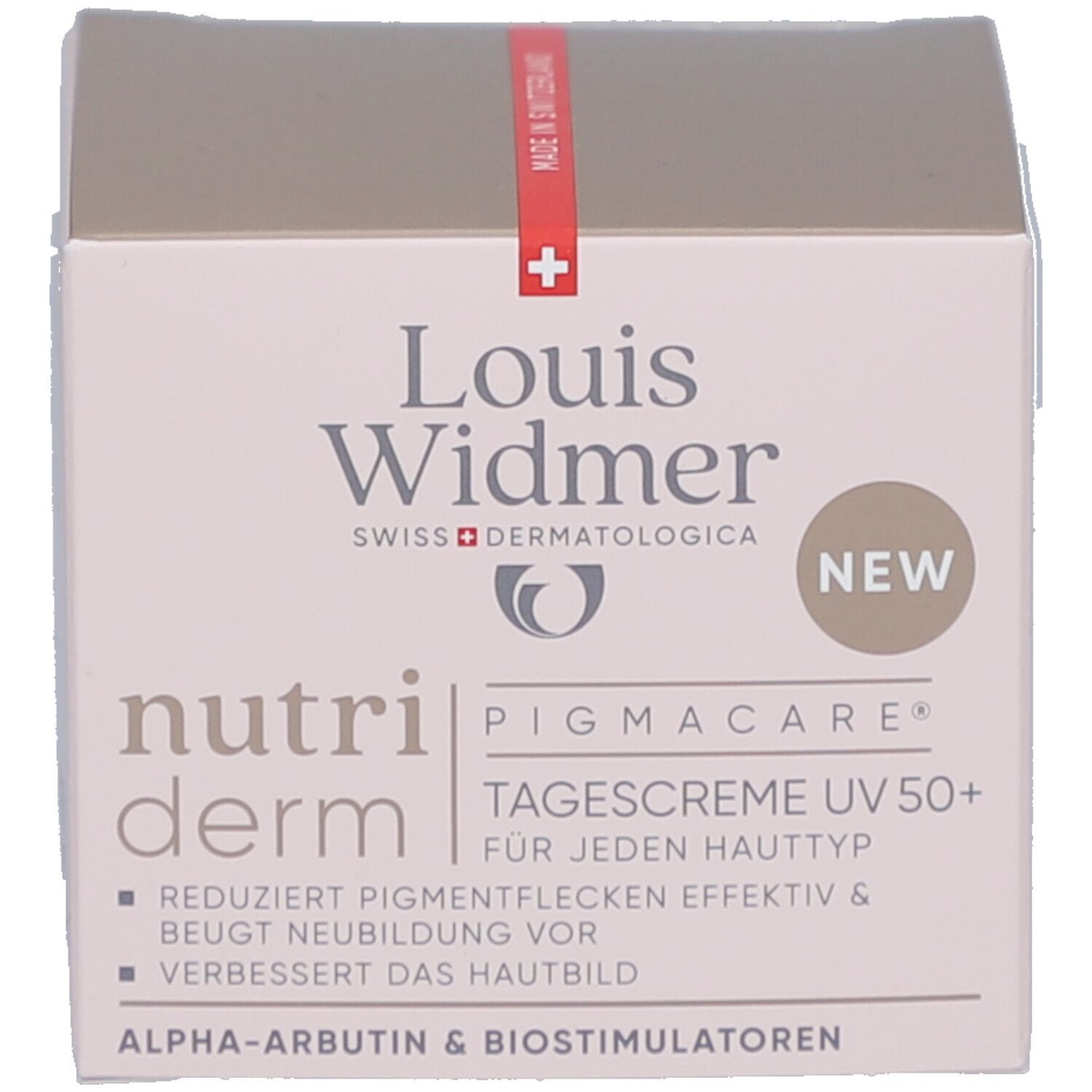 Produktverpackung. Aufschrift: Louis Widmer, nutriderm, Pigmacare Tagescreme UV 50+. Reduziert Pigmentflecken effektiv.