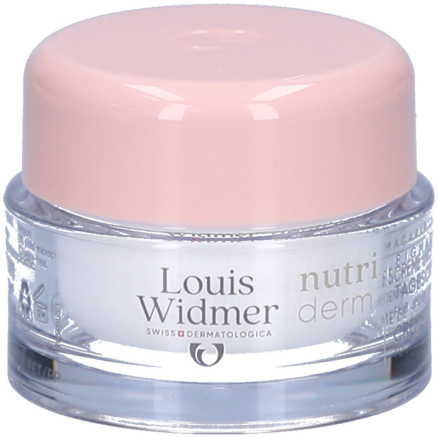 Creme-Tiegel mit rosa Deckel. Aufschrift: Louis Widmer, nutriderm. Swiss Dermatologica. Klarer Tiegel.