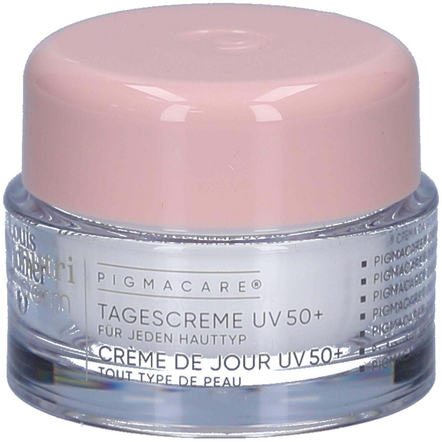 Creme-Tiegel mit rosa Deckel. Aufschrift: PIGMACARE, Tagescreme UV 50+ für jeden Hauttyp, Crème de jour.