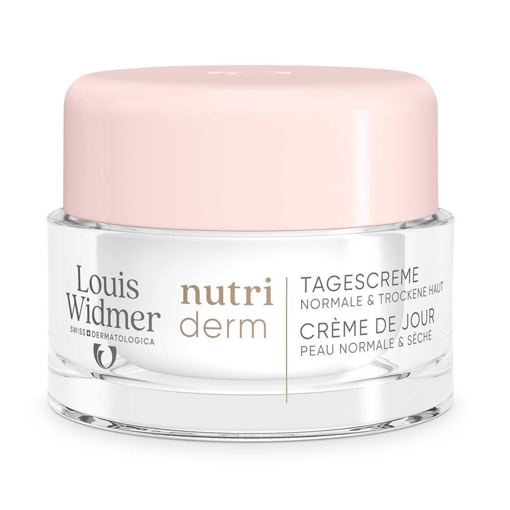 Creme-Tiegel mit rosa Deckel. Auf dem Tiegel steht "Louis Widmer" und "nutri derm". Text: Tagescreme, normale & trockene Haut.