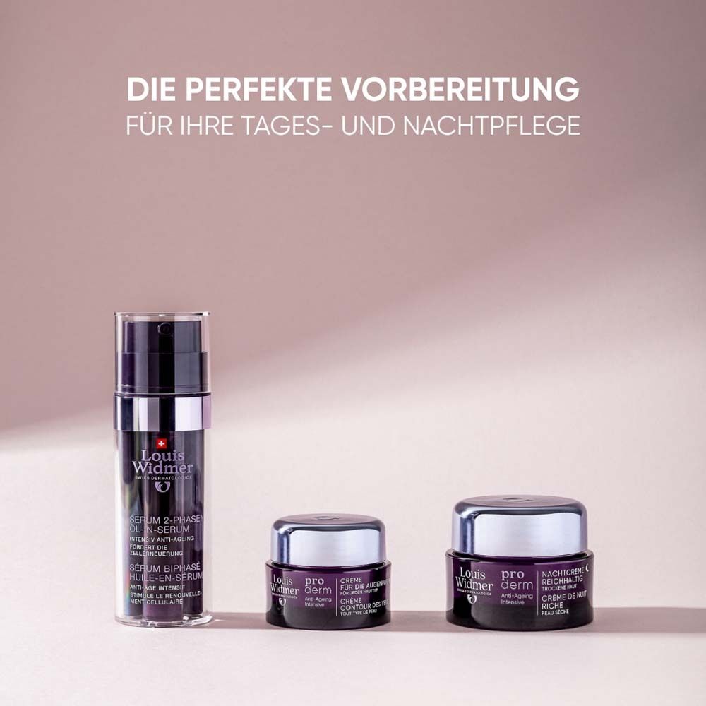 Drei Produkte: Serumflasche, kleine Creme, große Creme. Alle mit lila Deckel und Text: Louis Widmer, pro derm.