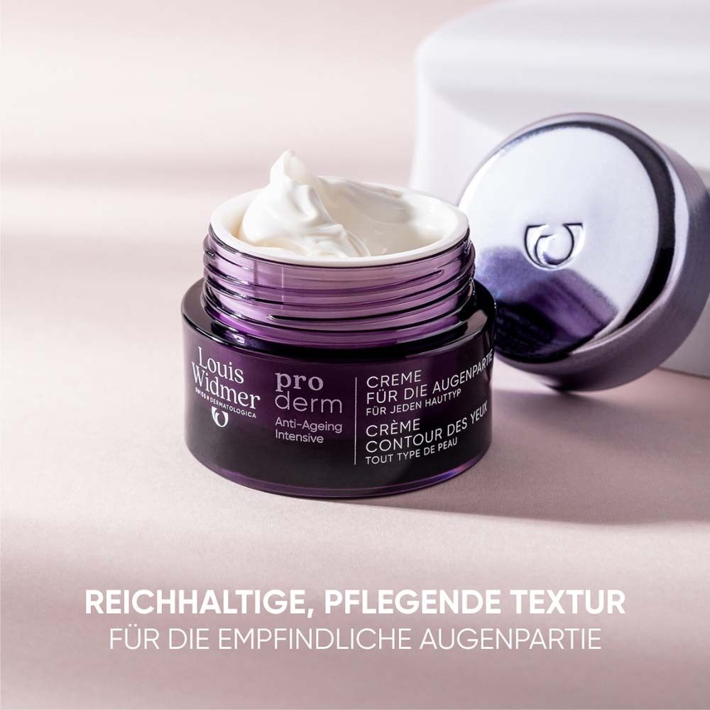 Geöffnete Dose Augencreme. Creme auf rosa Untergrund. Text: Reichhaltige, pflegende Textur.