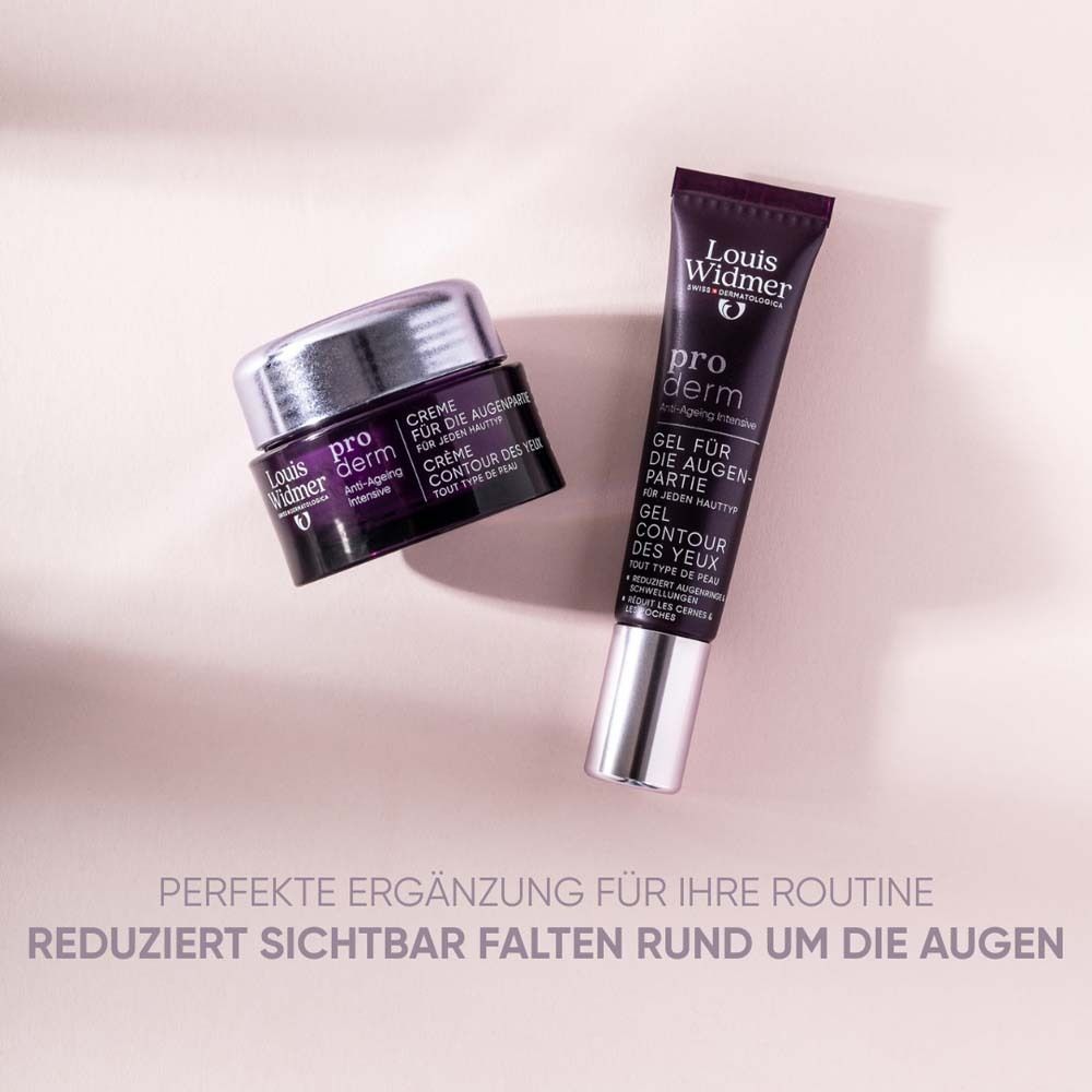 Augencreme und Gel von Louis Widmer. Text: Perfekte Ergänzung, reduziert Falten. Beide Produkte auf rosa Untergrund.