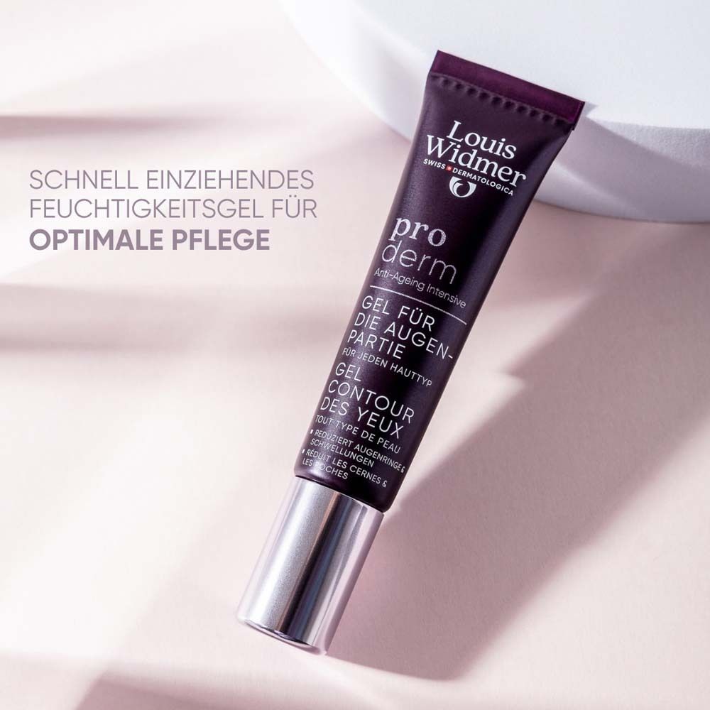 Tube Augenpartie-Gel. Text: pro derm, Gel für die Augenpartie. Hintergrund: weiß und hellblau. Text: Schnell einziehendes Feuchtigkeitsgel.