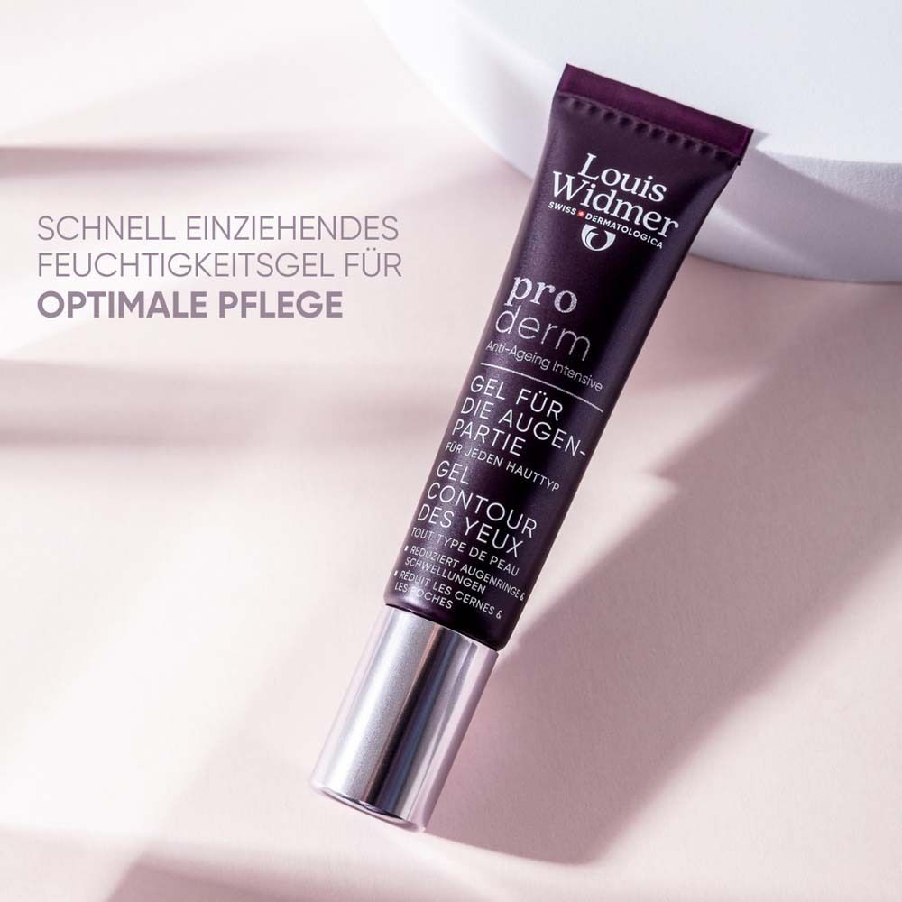Tube Louis Widmer proderm Gel für die Augenpartie. Lila Tube mit silberner Kappe. Text: pro derm, Gel Contour des Yeux. Auf weißem Podest.