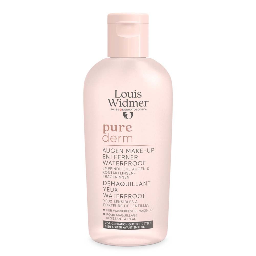 Rosa Flasche Louis Widmer purederm Augen-Make-up-Entferner. Deckel oben. Text: Augen Make-up Entferner.