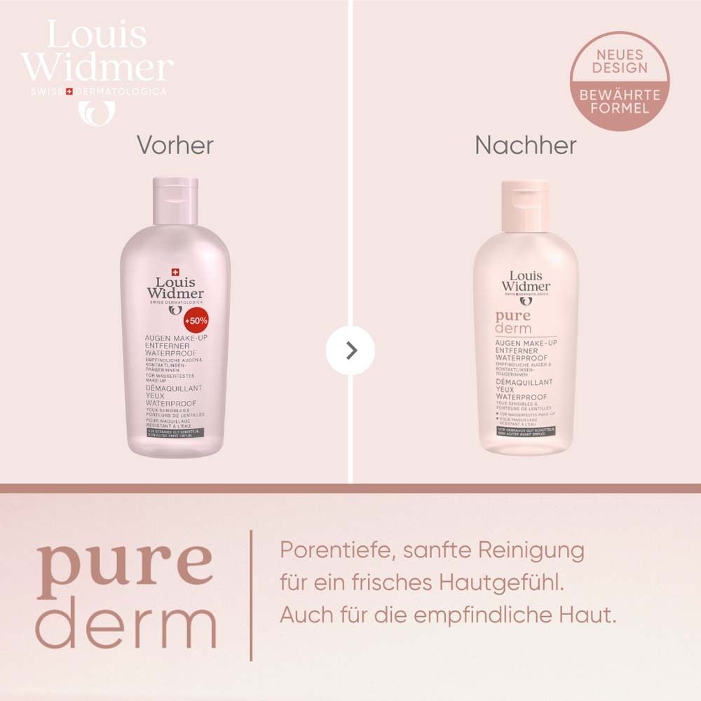 Vergleich von Louis Widmer purederm Augen-Make-up-Entferner. Links: Vorher. Rechts: Nachher. Text: Neue Formel.
