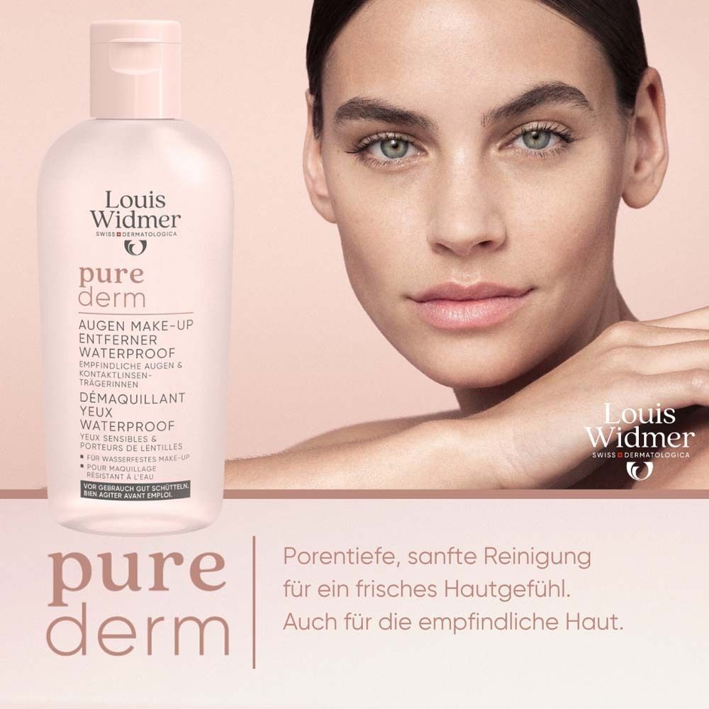 Frau mit Gesicht. Louis Widmer purederm Augen-Make-up-Entferner. Text: Augen Make-up Entferner waterproof.