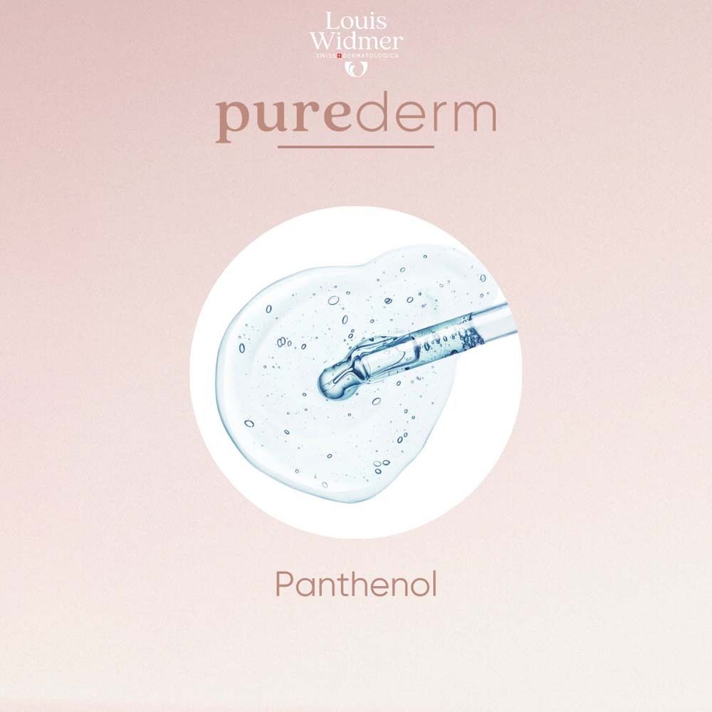 Tropfen Flüssigkeit mit Pipette. Text: Panthenol. Logo: purederm.