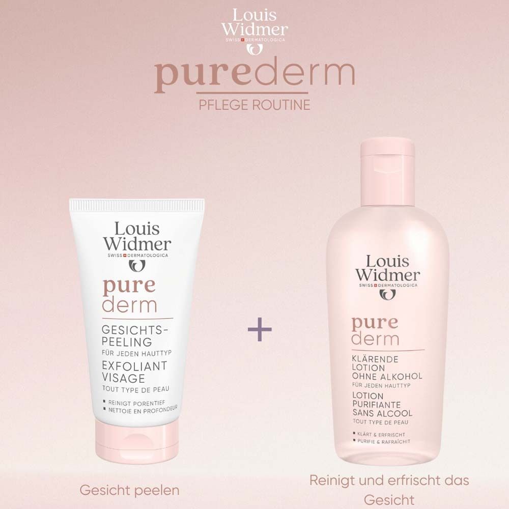 Louis Widmer purederm Gesichtspeeling und Lotion. Text: Gesicht peelen, reinigt und erfrischt das Gesicht. Logo: pure derm.