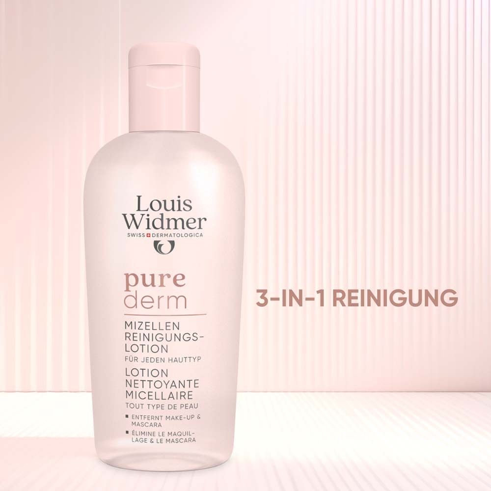 Rosa Flasche mit Klappverschluss. Aufschrift: Louis Widmer, pure derm, Mizellen-Reinigungslotion. 3-in-1 Reinigung.