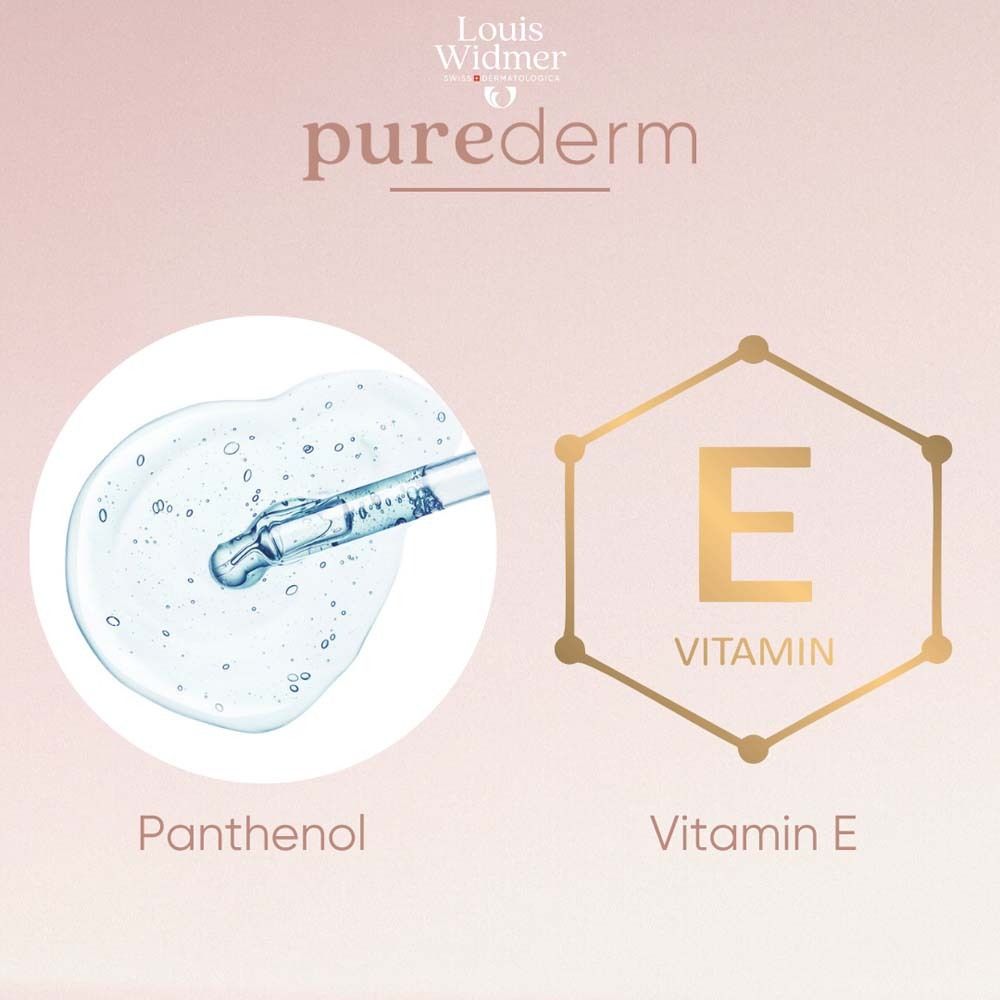 Tropfen und Vitamin E-Symbol. Text: Panthenol, Vitamin E.