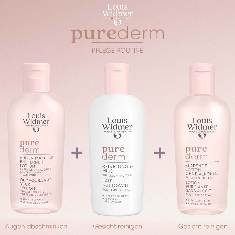 Drei Produktflaschen. Text: Augen Make-up Entferner, Reinigungsmilch, Klärungslotion.