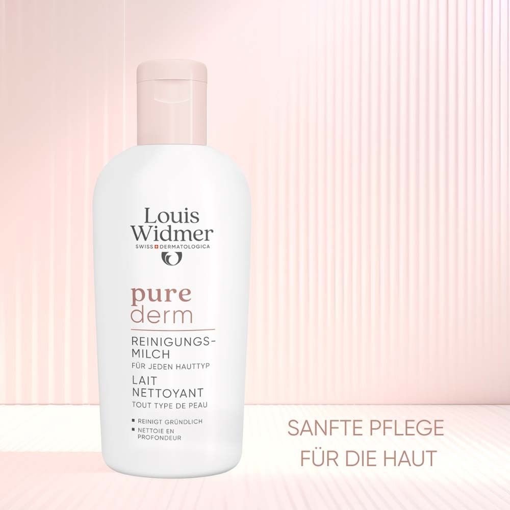 Produktflasche. Text: Louis Widmer, pure derm, Reinigungsmilch. Sanfte Pflege.